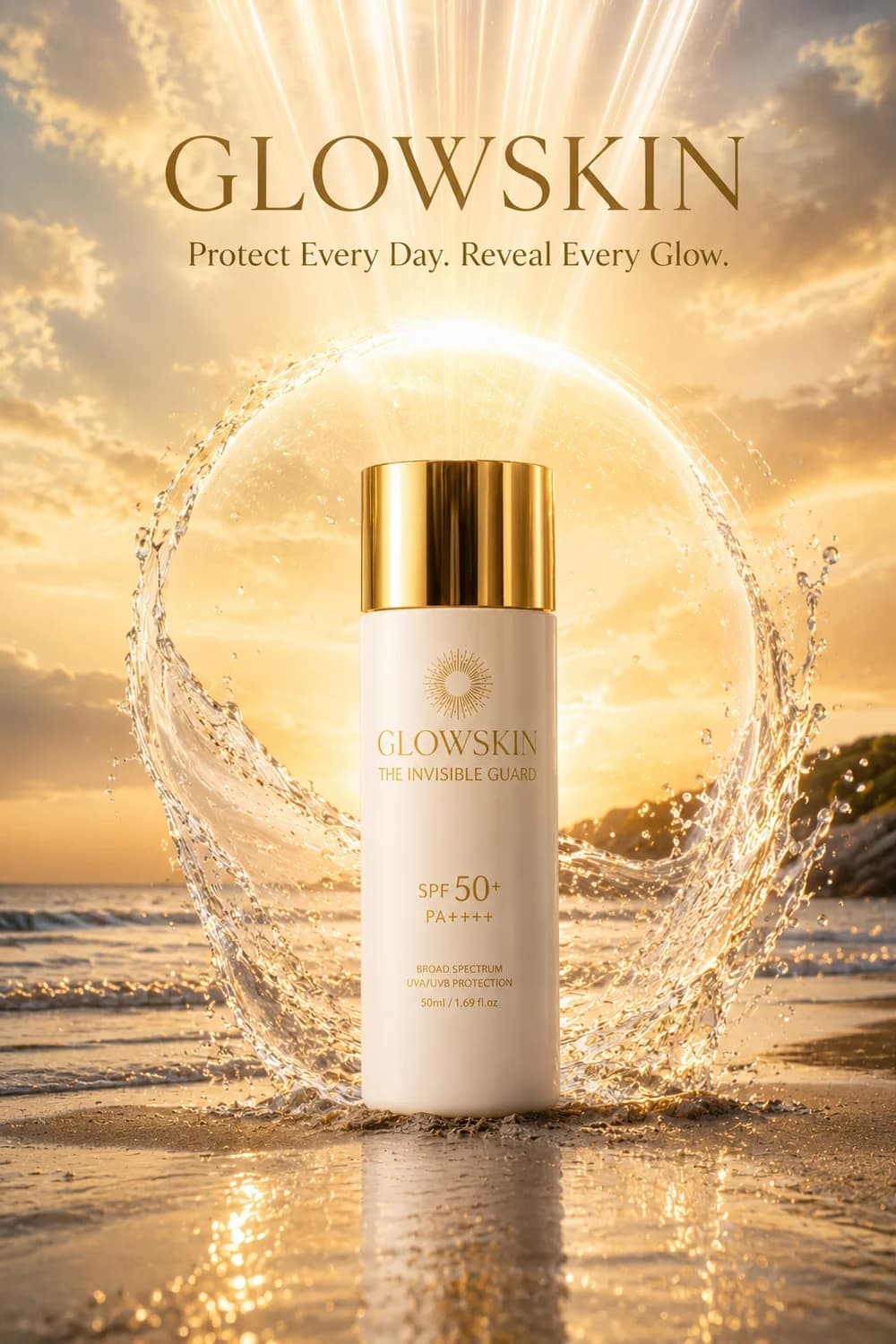 Golden skincare bottle in an illuminated sculptural setting