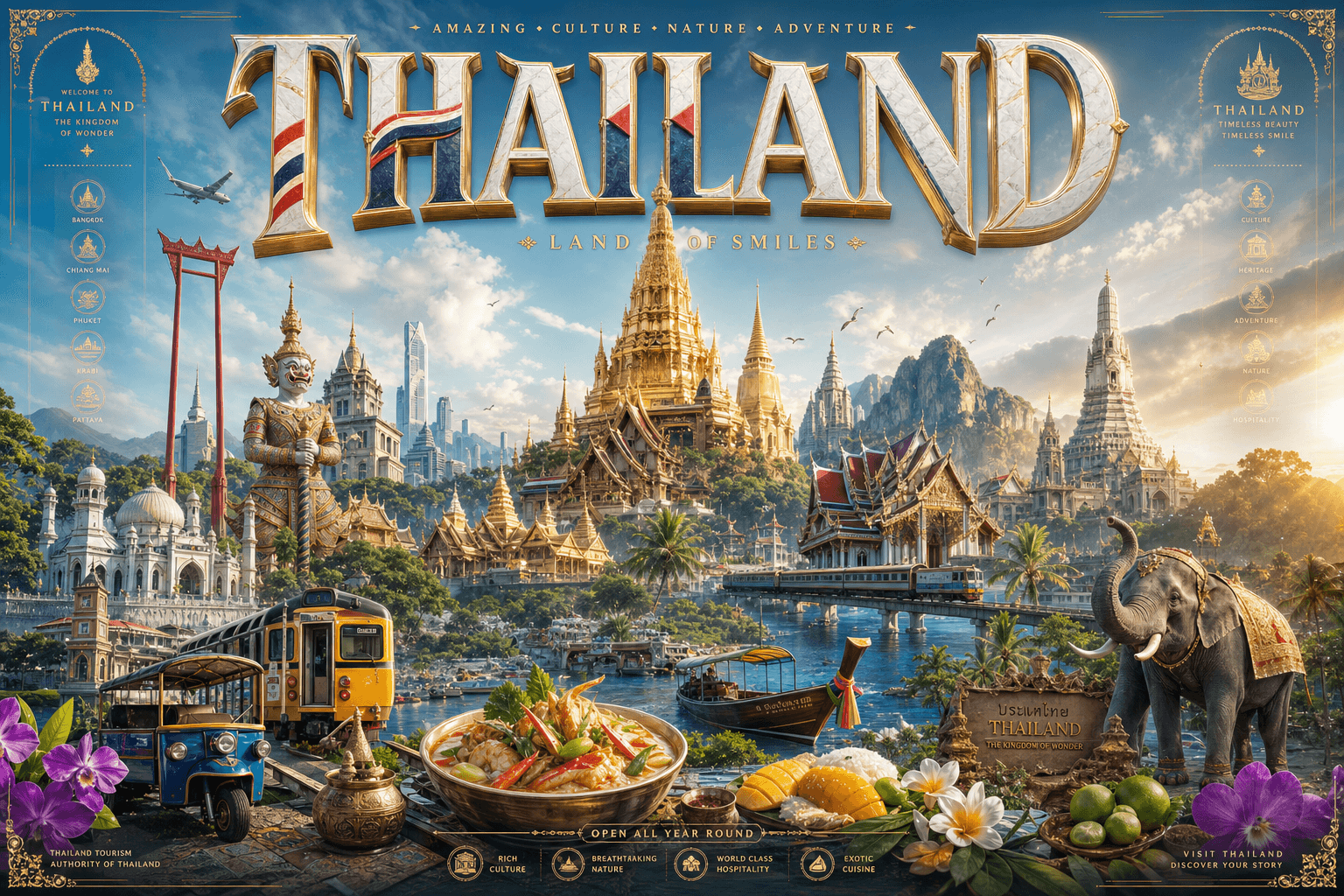 Ultra-premium cinematic 3D travel poster for Thailand, brigh