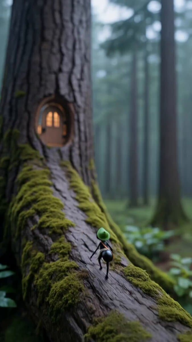 Create a cinematic, ultra-realistic fantasy miniature-world video in vertical 9: