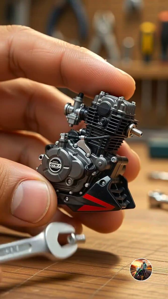 Create a hyper-realistic cinematic macro video of a tiny miniature Bajaj Pulsar-