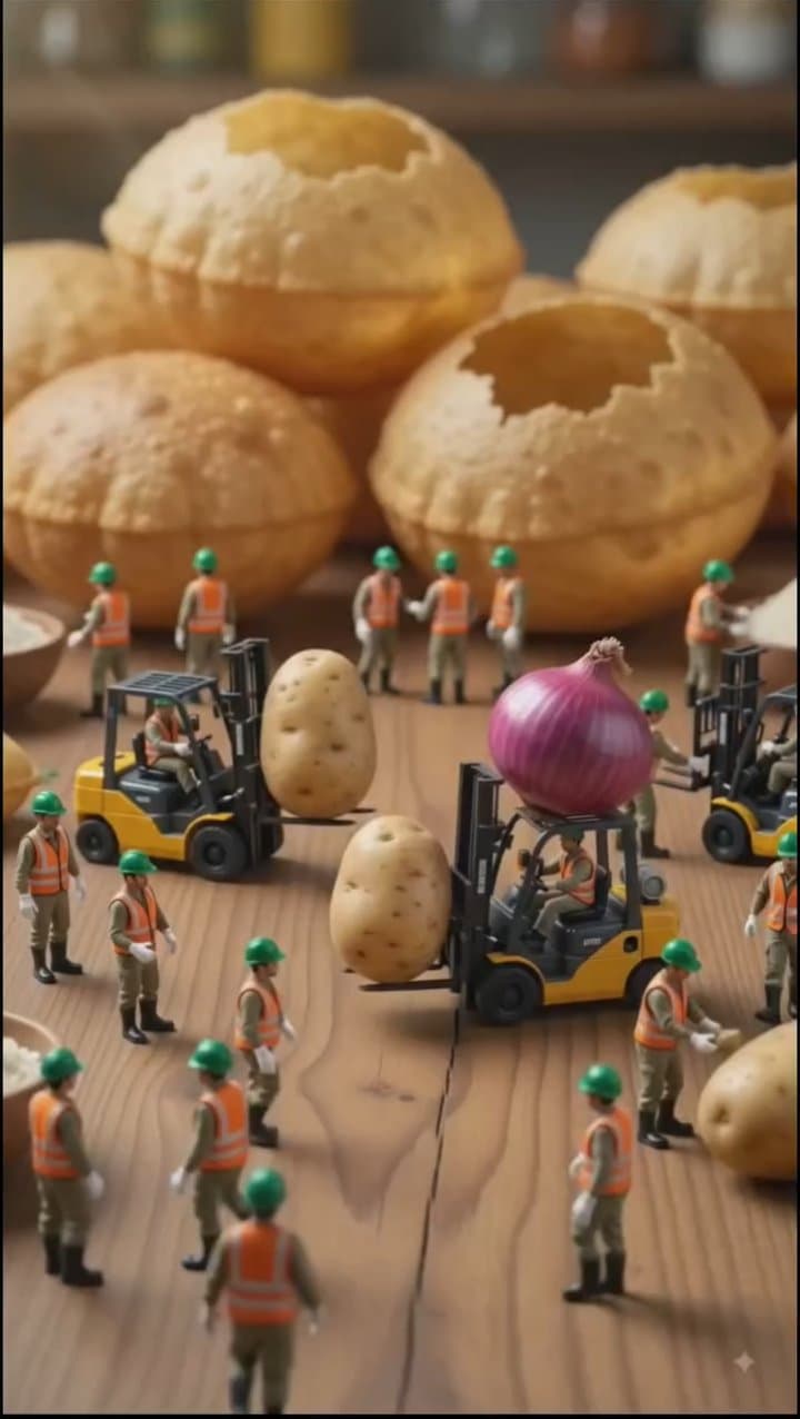 cinematic ultra-realistic miniature food factory scene with tiny construction wo