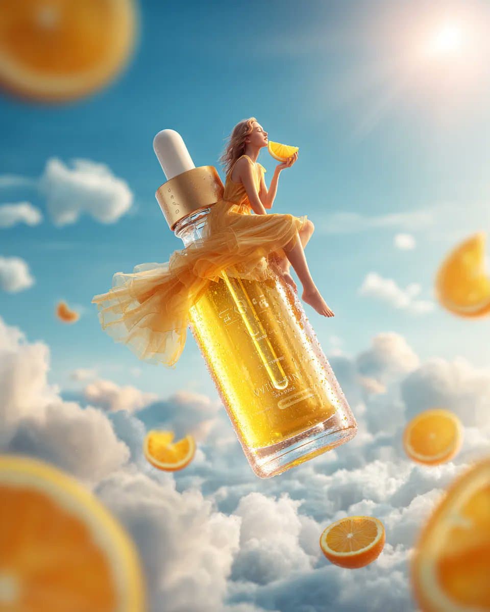 Create a cinematic fantasy advertisement in a dreamy blue sky filled with soft w