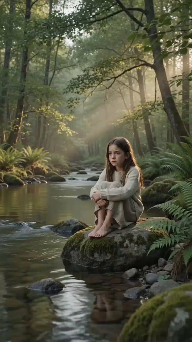 A young girl by a river feels lonely until a glowing butterfly arrives, bringing