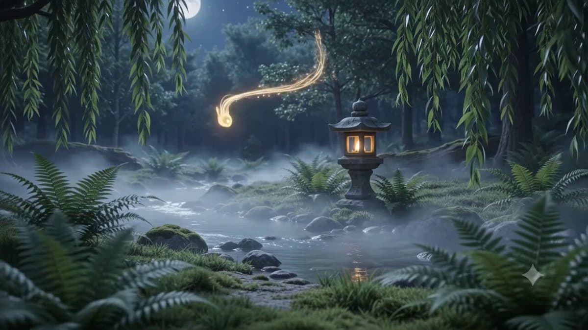 A moonlit forest clearing blended with flat hand-drawn glowing animation. The sc