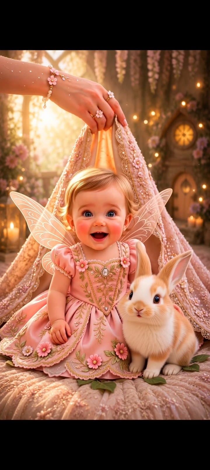 Create a magical, ultra-realistic cinematic video of a cute baby fairy in a pink