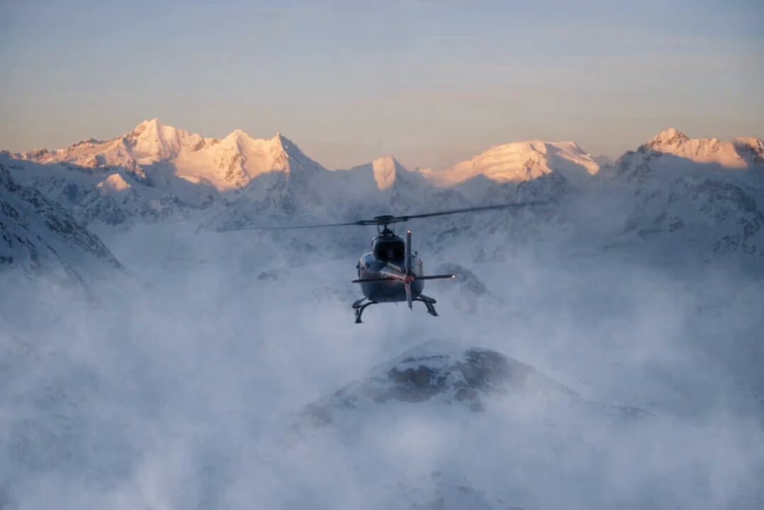 Create a 15-second, ultra-photorealistic cinematic Arctic helicopter adventure w