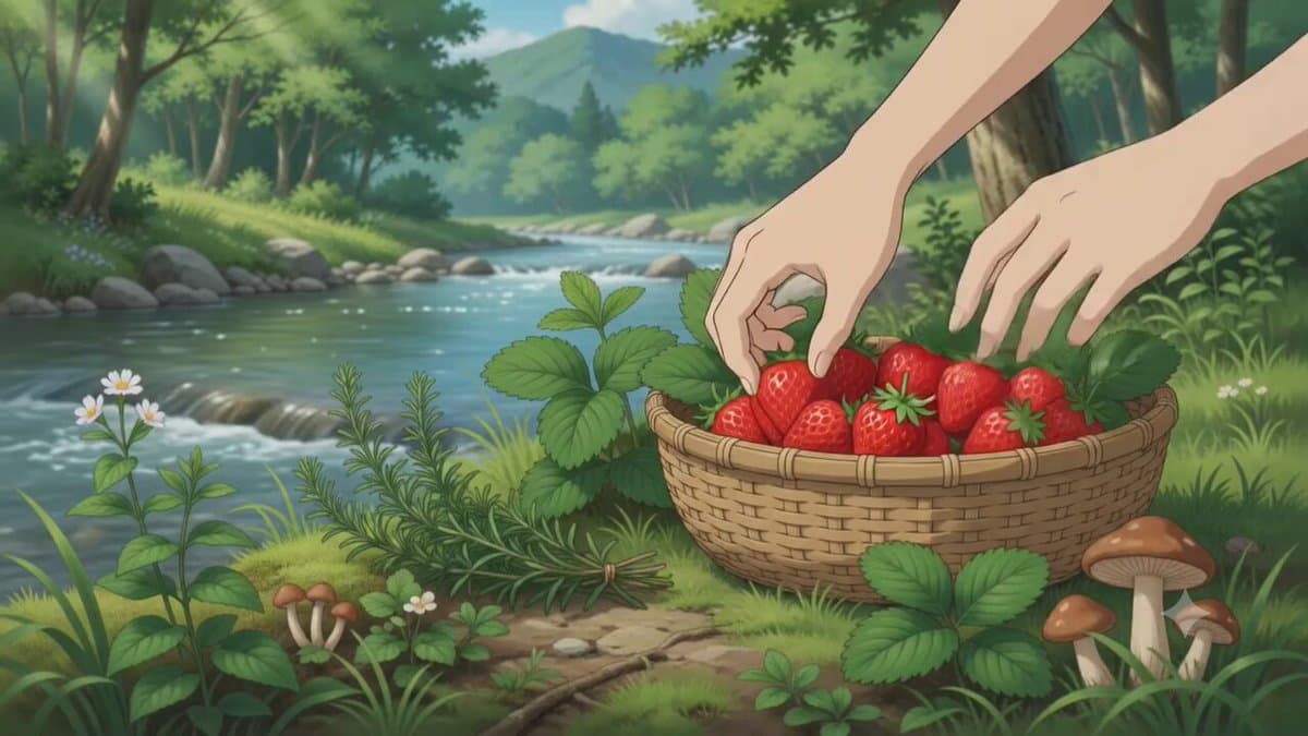 Anime-style peaceful countryside meal preparation by a clear flowing river: a pe