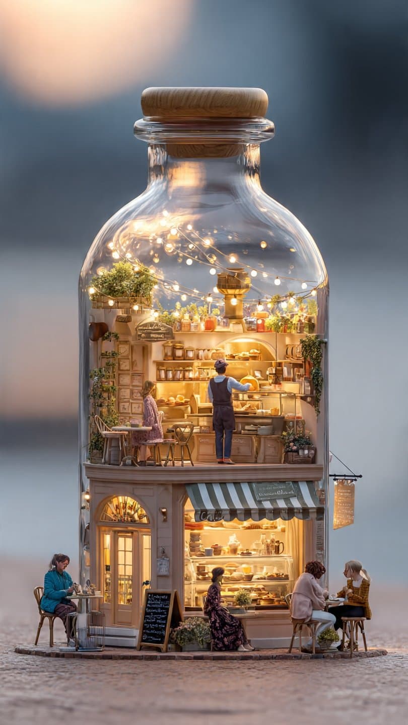 IMAGE PROMPT

Create an ultra-photorealistic whimsical miniature café scene feat
