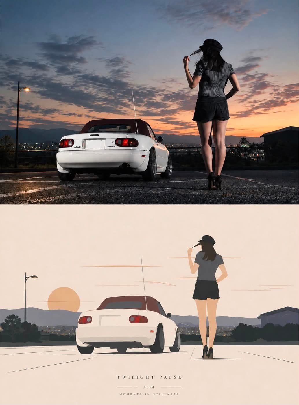 Create a vertical 3:4 cinematic editorial poster titled “TWILIGHT PAUSE.” Recrea