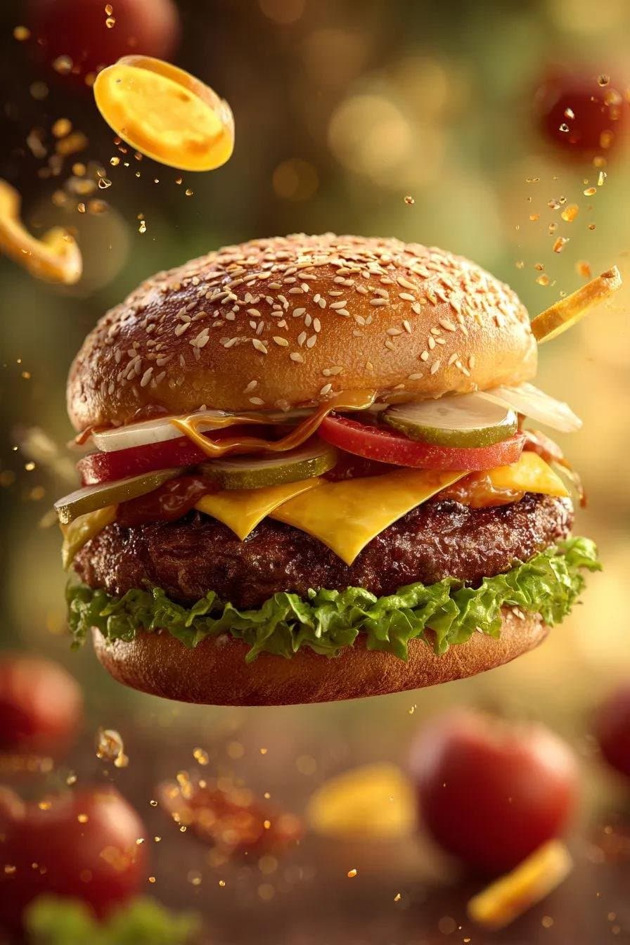 A whole, mouthwatering cheeseburger floating and slowly spinning in mid-air, fea