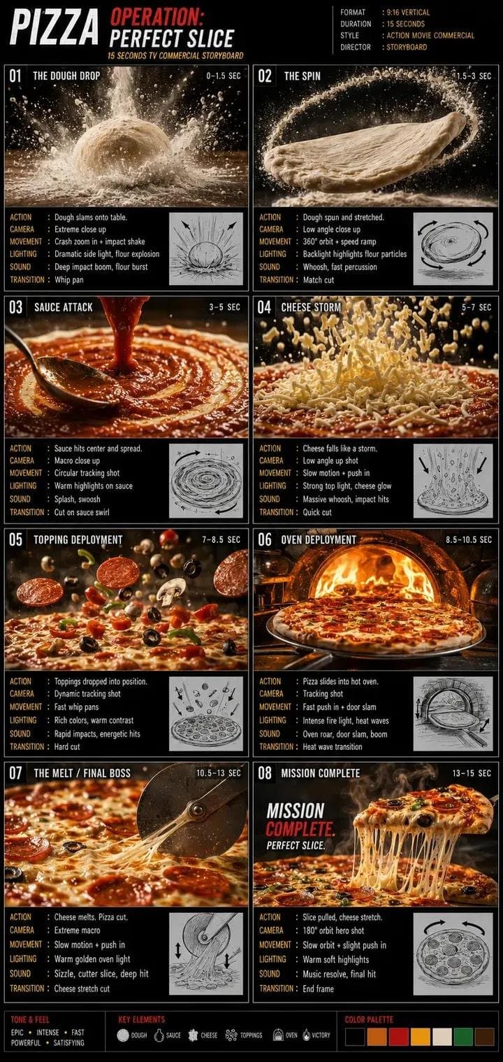 Create a 15-second vertical 9:16 cinematic food-commercial video titled “PIZZA —