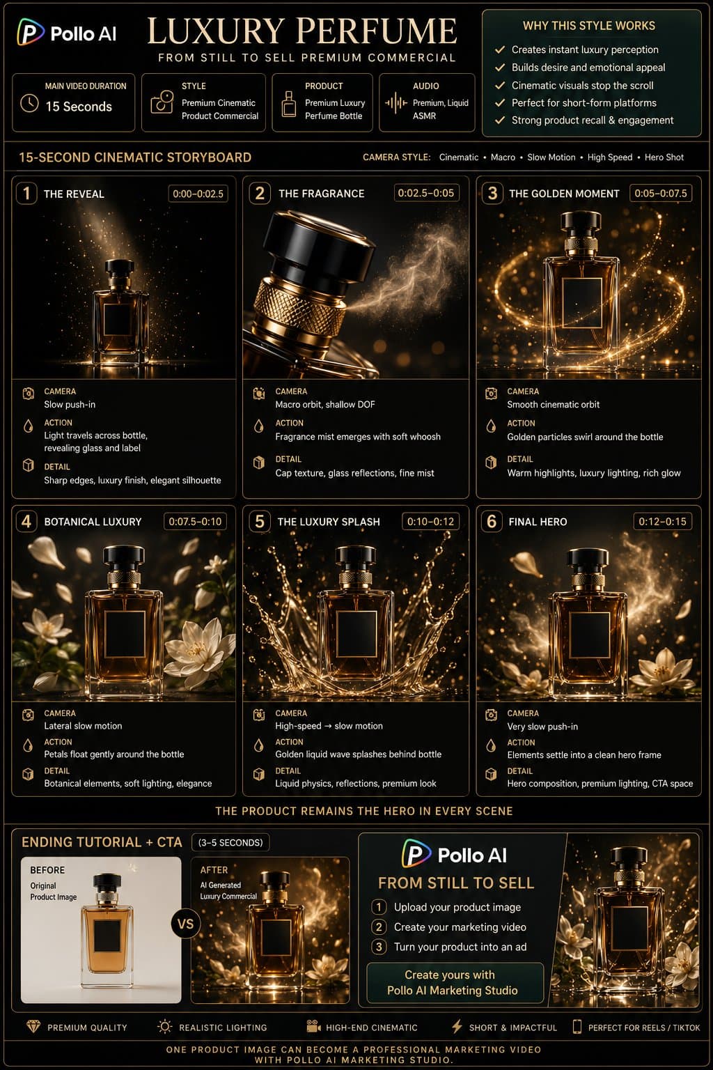 Transform one static perfume image into a sophisticated cinematic fragrance comm