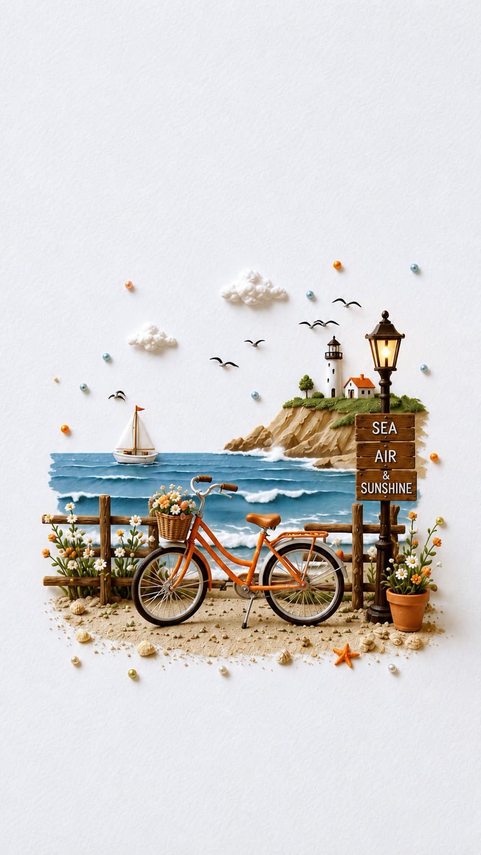 Create a vertical 9:16 ultra-realistic handcrafted miniature coastal diorama sce