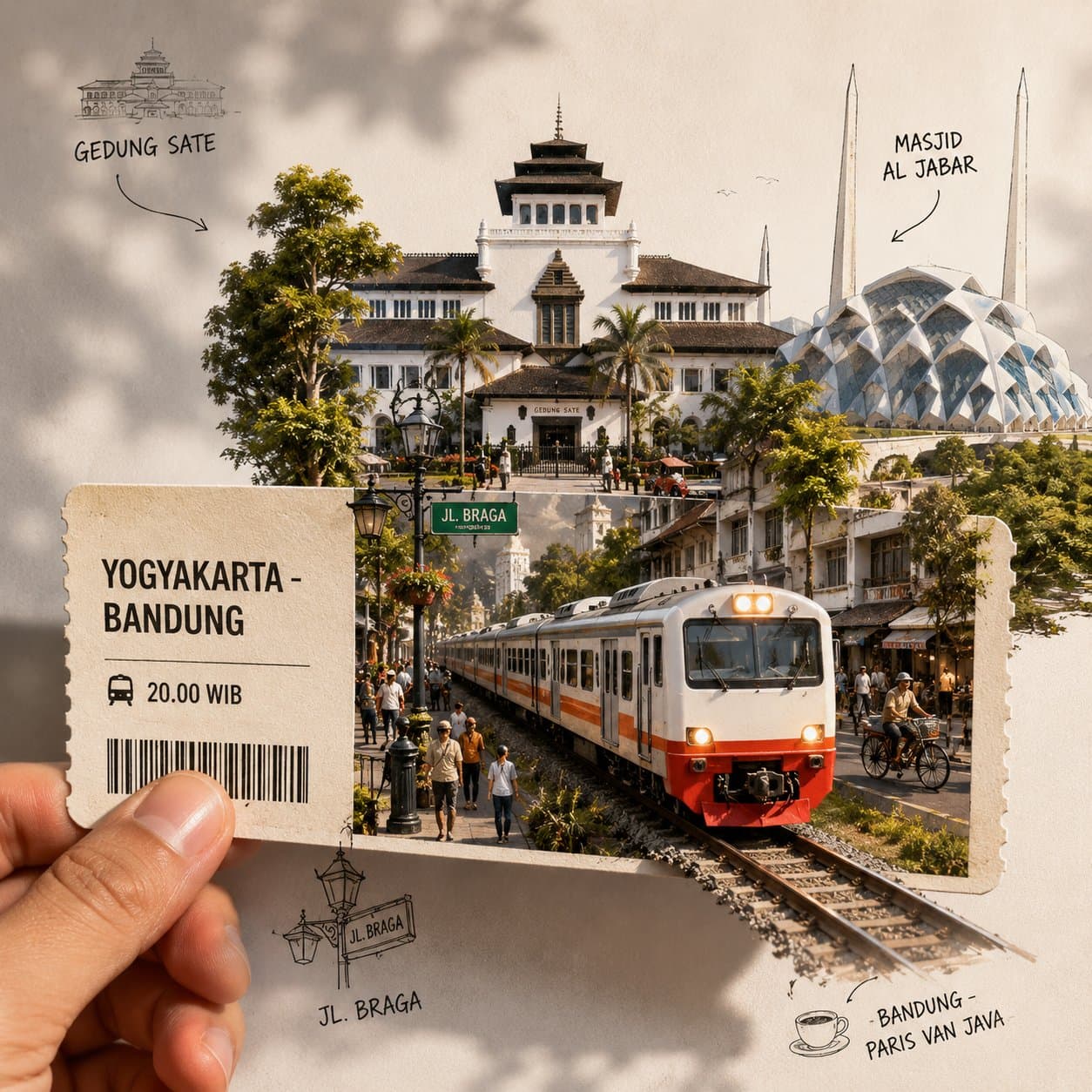 Create a highly detailed, premium travel-art illustration featuring a hand holdi