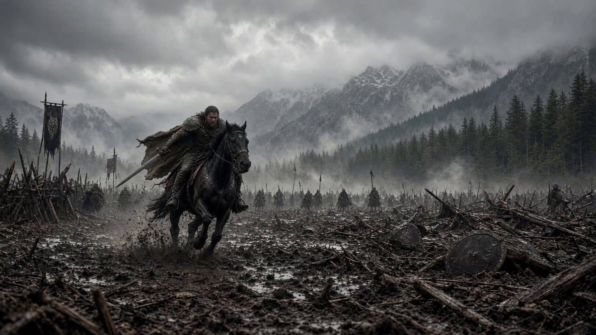 Create a 15-second ultra-photorealistic cinematic medieval battle sequence set a