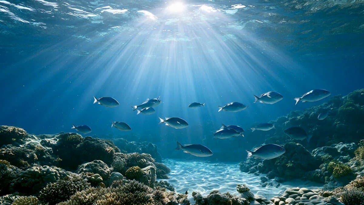 Stylized cinematic title animation over a serene deep sea scene like the referen