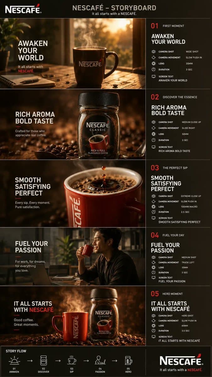 Create a premium cinematic Nescafé coffee commercial with warm, cozy, realistic 