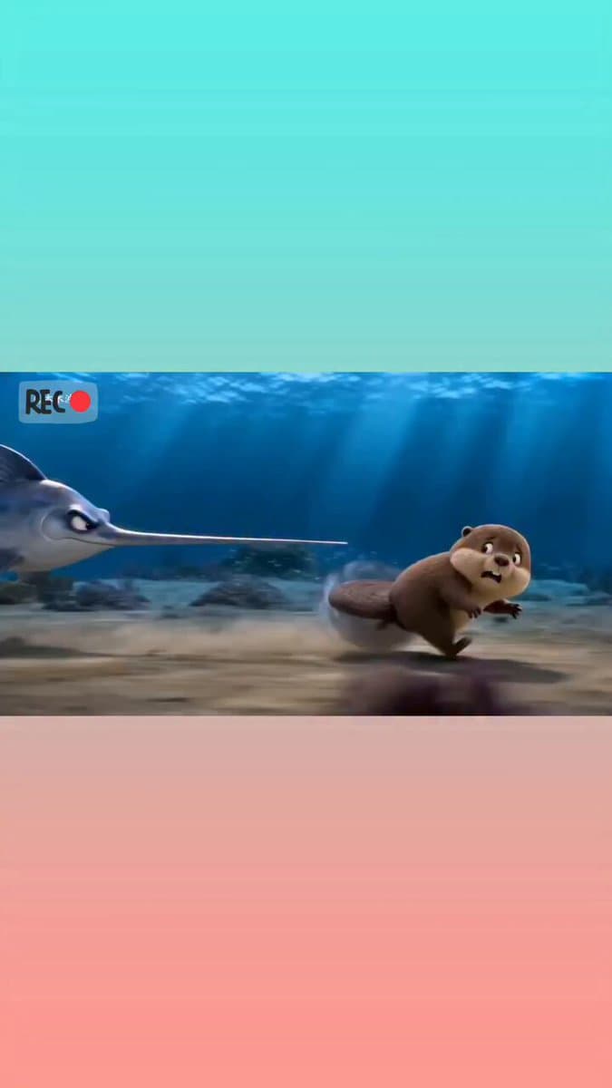Create a cinematic, funny 3D animated underwater scene featuring a small, cute b