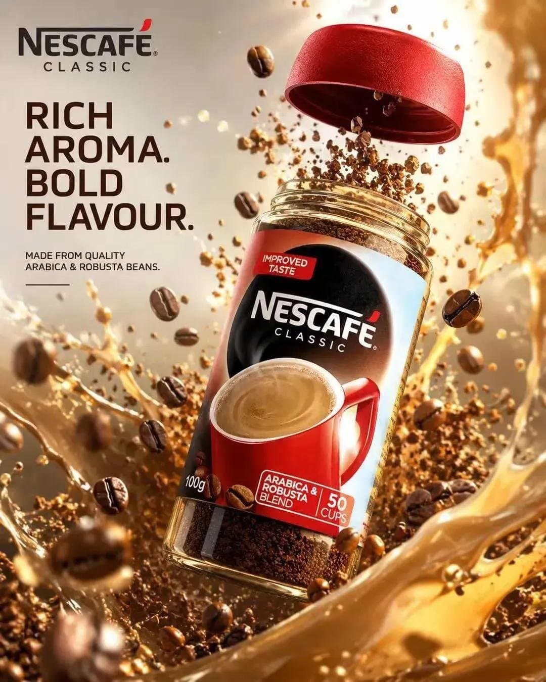A dynamic 3D commercial video scene featuring a Nescafe Classic coffee jar assem