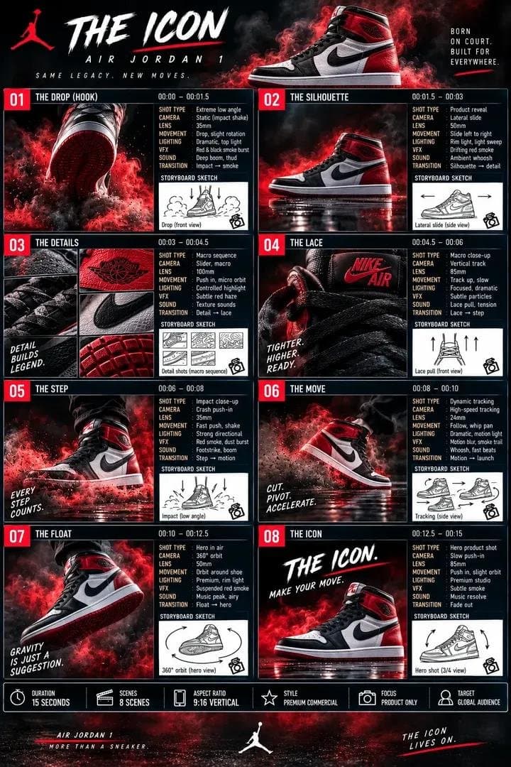 Create a premium cinematic 15-second vertical 9:16 sneaker commercial featuring 