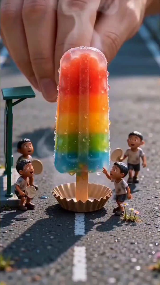 A surreal tilt-shift miniature 3D animation sequence featuring tiny, clay-style 