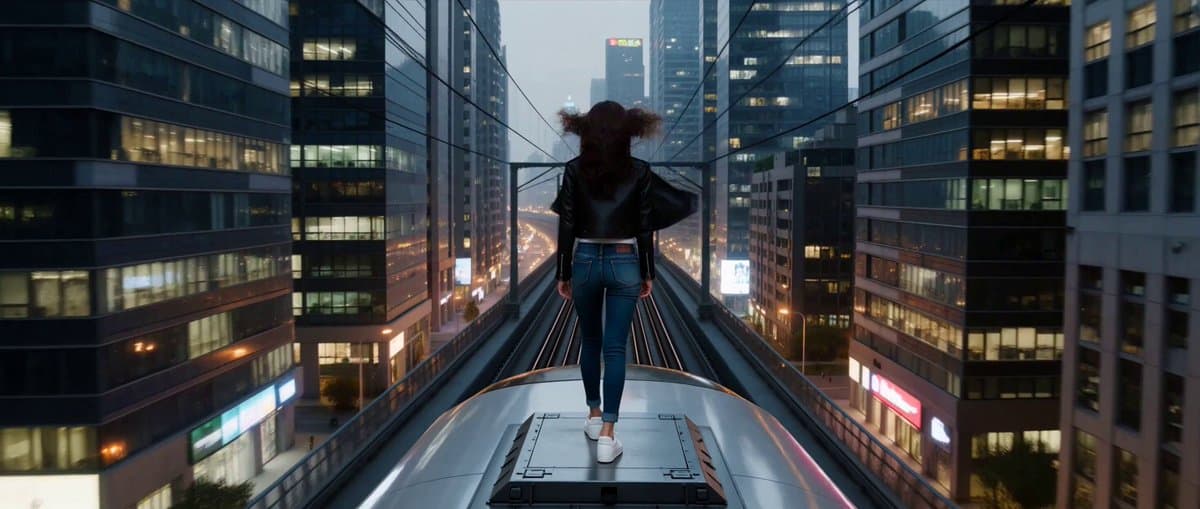 Cinematic photorealistic video of a stylish young woman standing on the roof of 