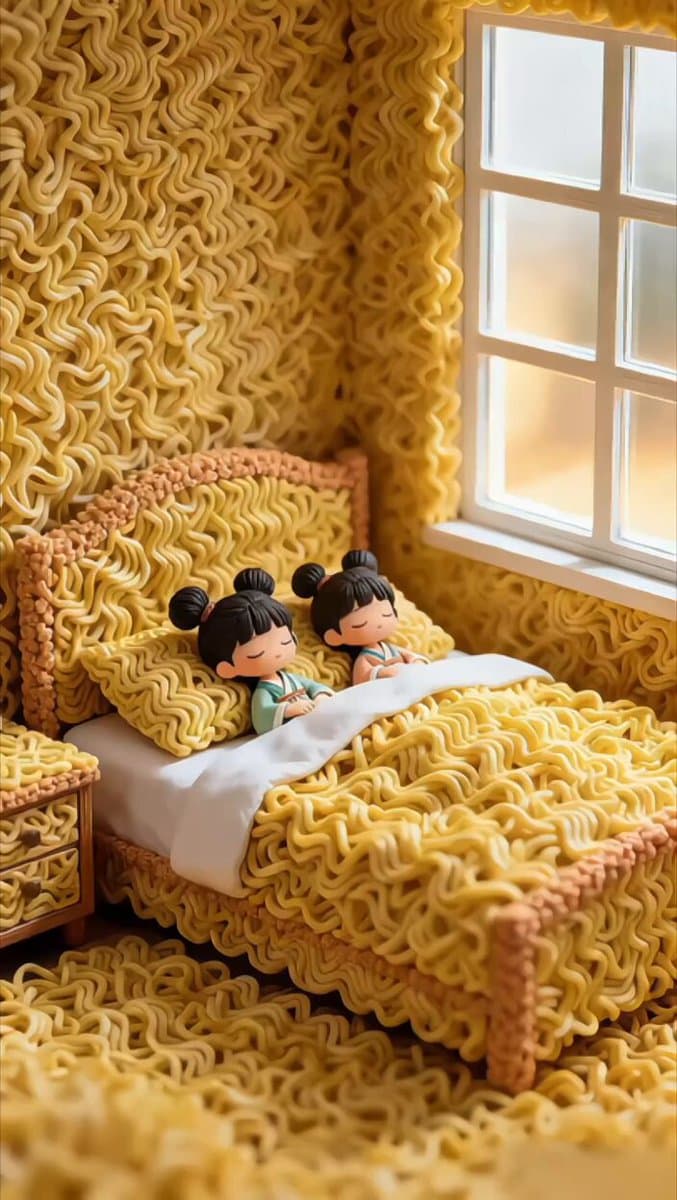 A magical miniature bedroom made entirely from golden instant noodles, ultra-det