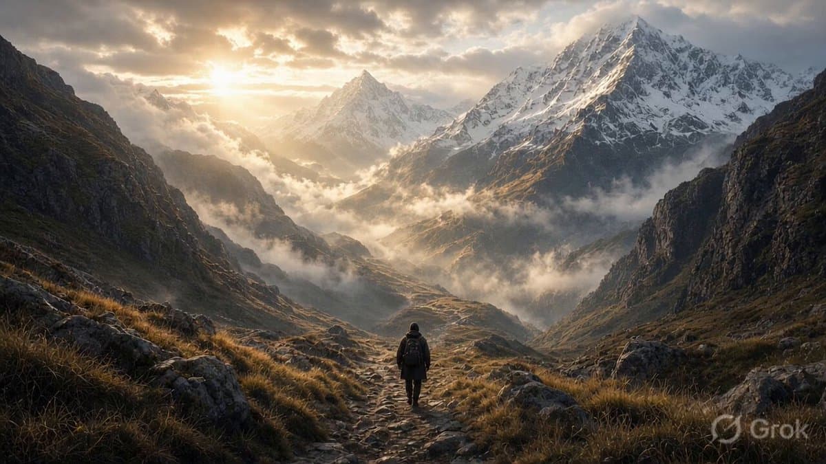 A cinematic ultra-realistic scene of a lone traveler walking through an ancient 