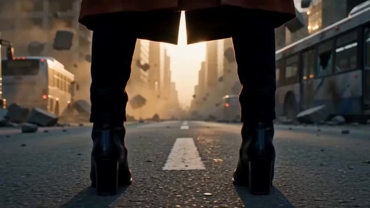 Ultra-realistic cinematic disaster scene in a modern city, a brave young woman i