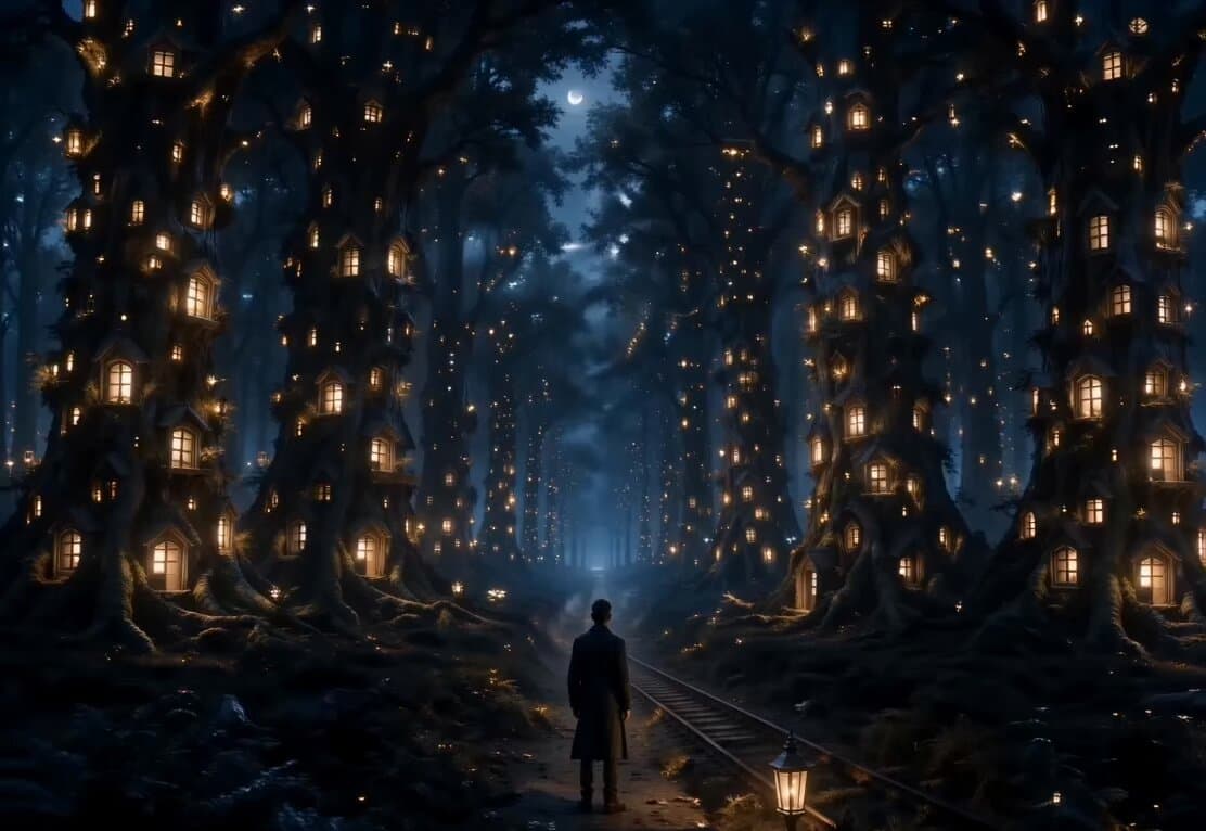 The camera slowly moves forward through a silent midnight forest where every tre