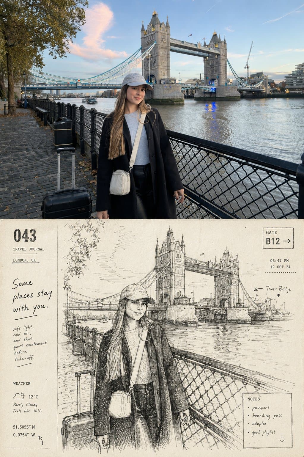 Create a nostalgic contemporary travel-journal artbook page based on the referen