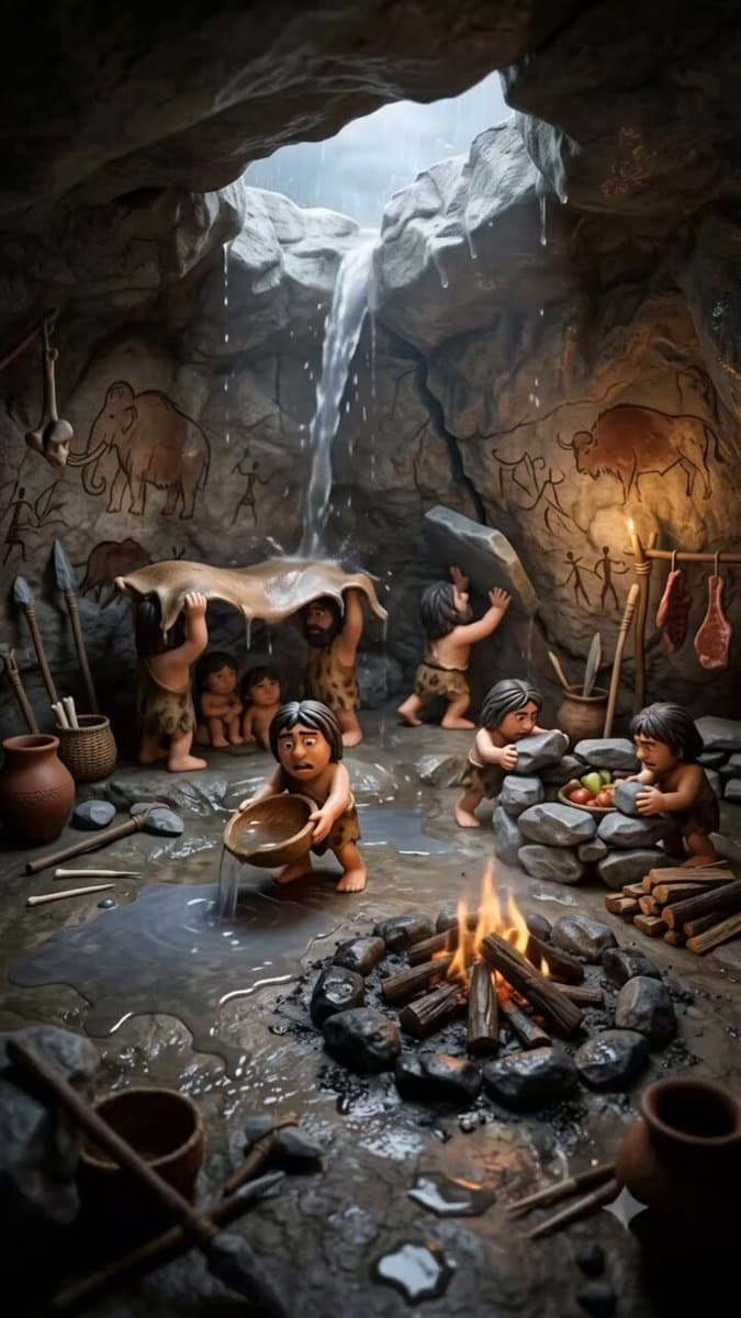 3D animated stylized video, miniature claymation aesthetic. A giant realistic hu
