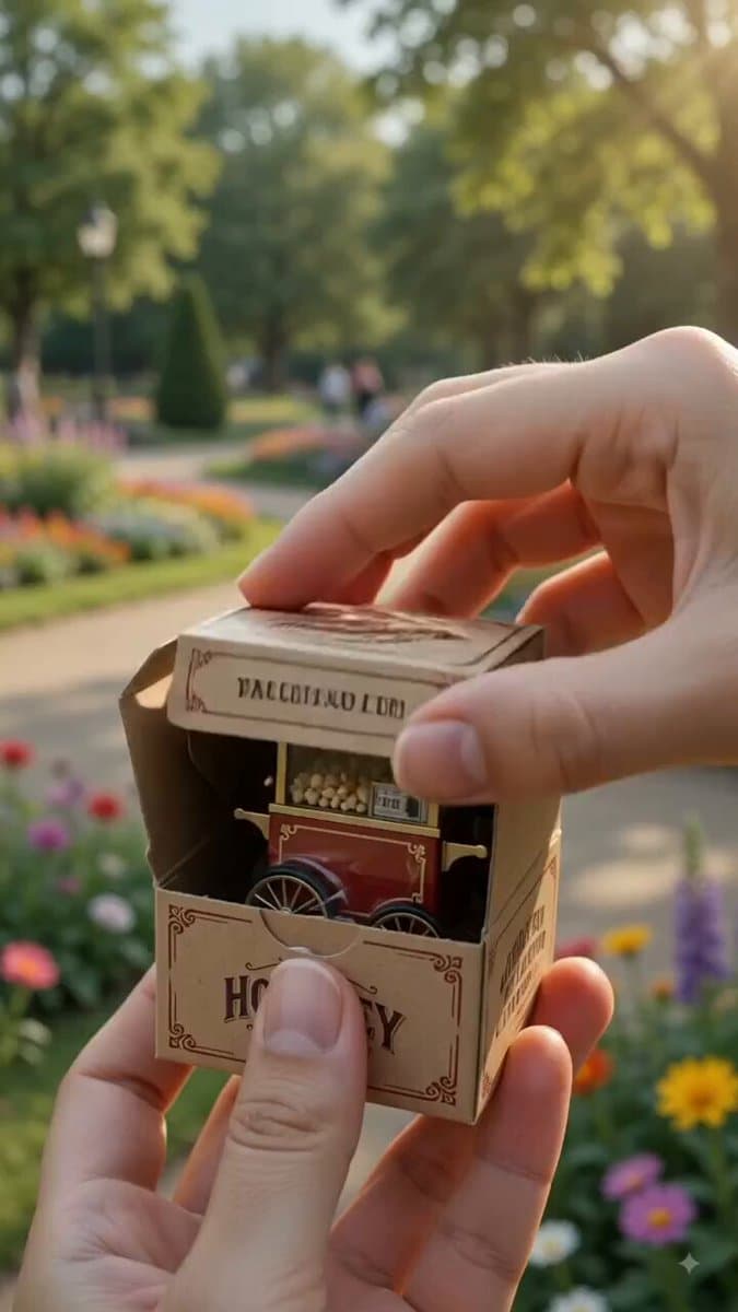 A tiny vintage popcorn cart magically unfolds from a miniature box held between 