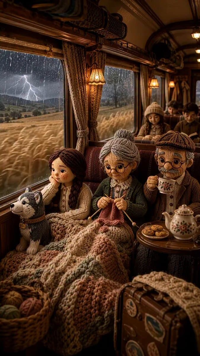 A cozy cinematic vintage train compartment during a dramatic rainy evening, feat