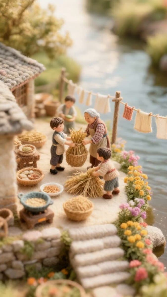 A hyper-realistic miniature riverside village diorama, cozy countryside atmosphe