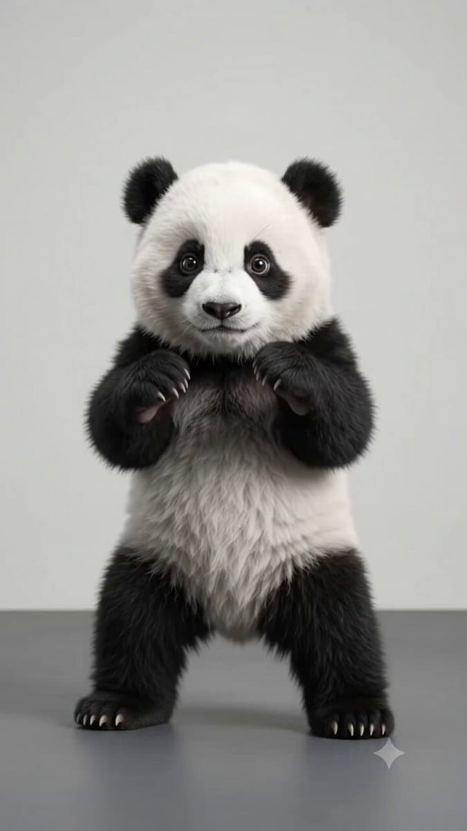 A hyper-realistic, photorealistic fluffy black-and-white baby panda in a formal 
