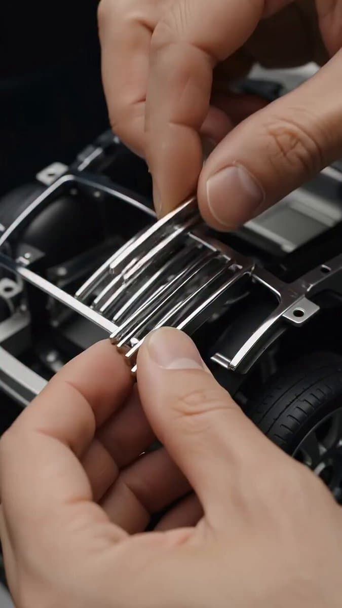 Ultra-realistic luxury car detailing and repair scene, vertical 9:16. Close-up c