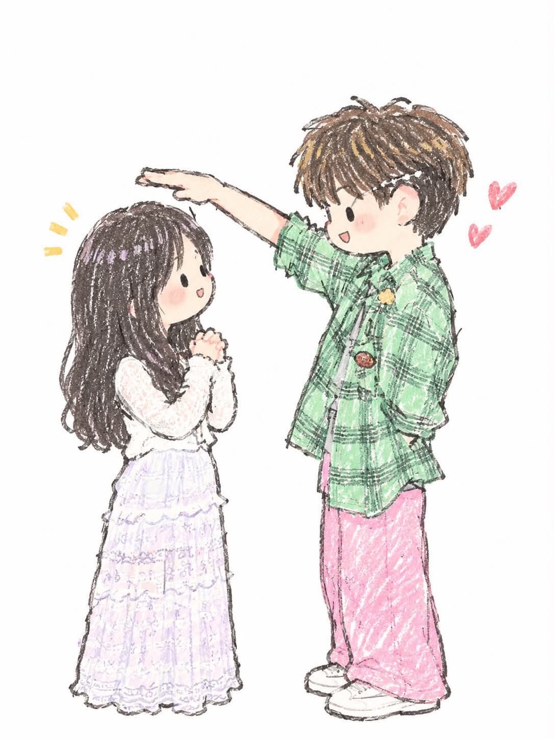 Create a cute hand-drawn Japanese chibi illustration of two characters interacti