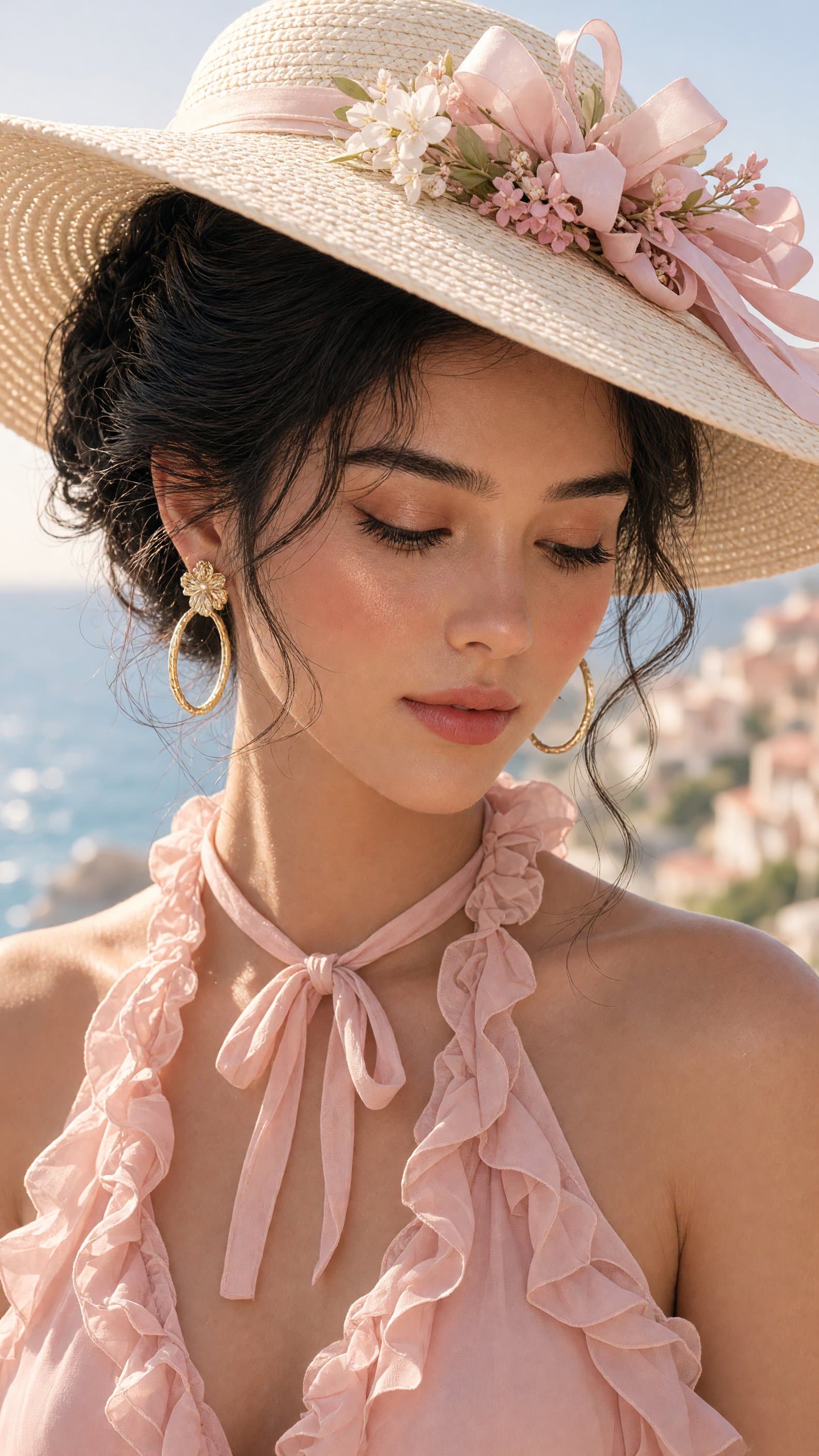 A close-up portrait of a glamorous young woman outdoors near the coast, featurin