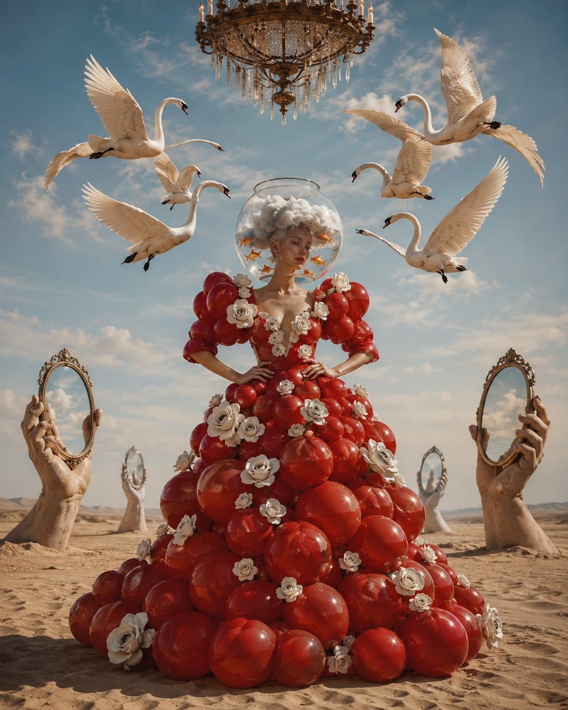 A wildly surreal and absurd luxury fashion editorial featuring an impossibly bea