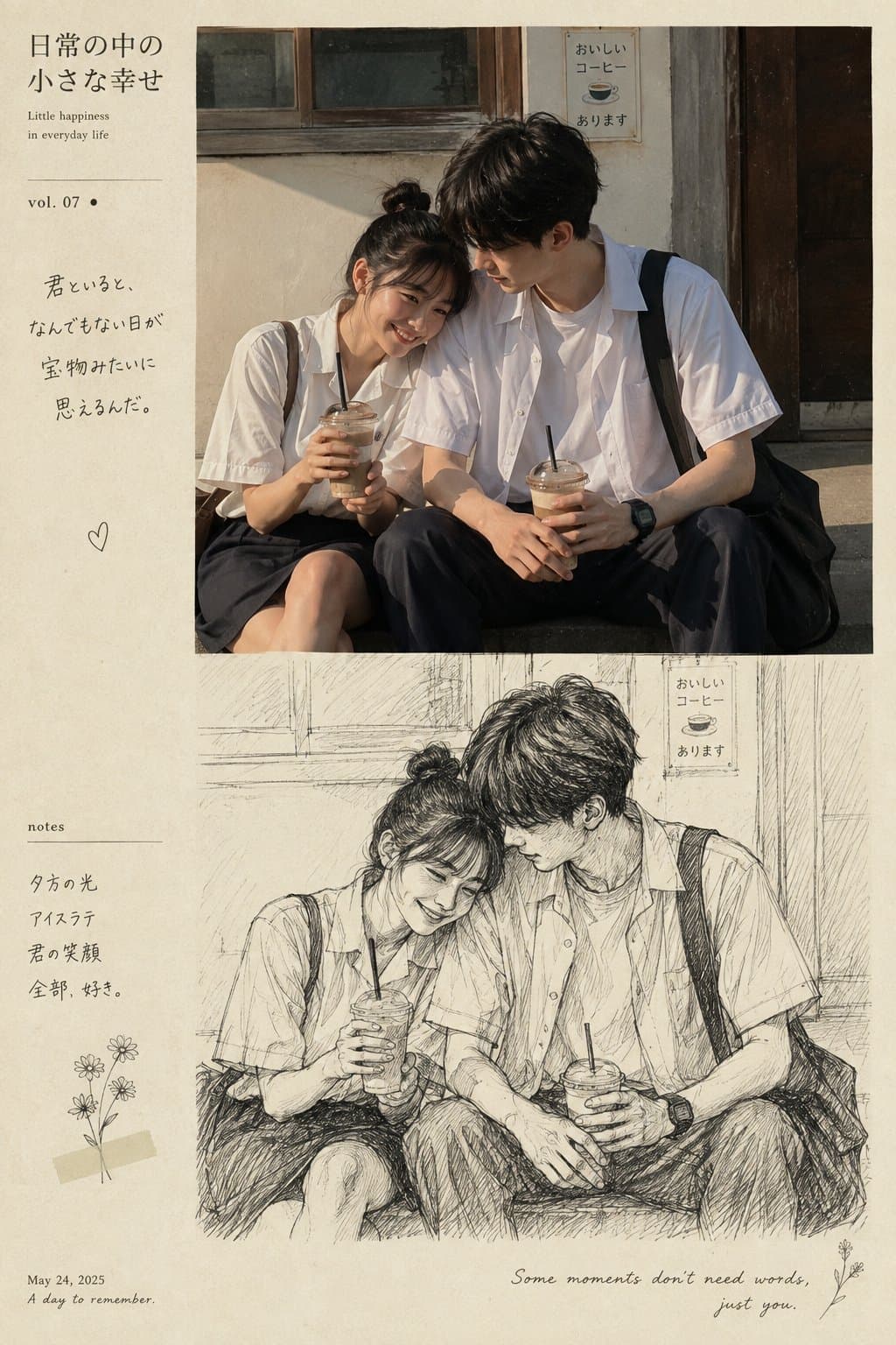 Create a nostalgic photo-to-sketch editorial artbook page from the reference ima