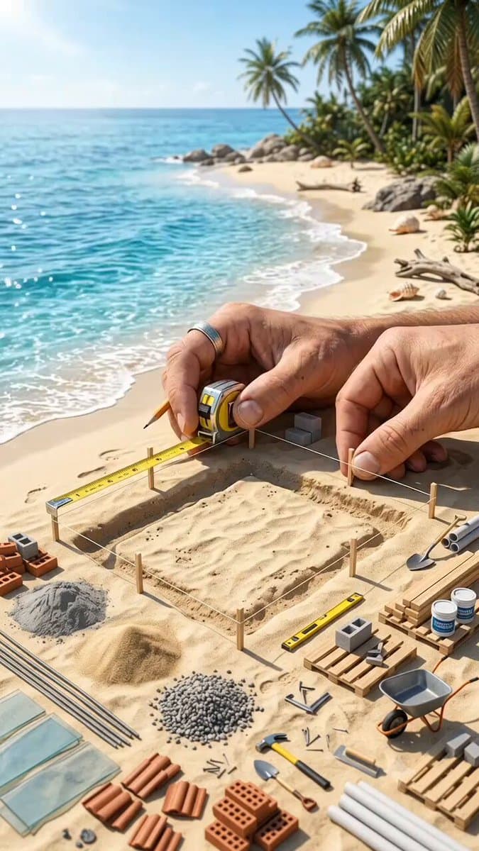 A stunning tropical beach construction site, workers laying the foundation for a