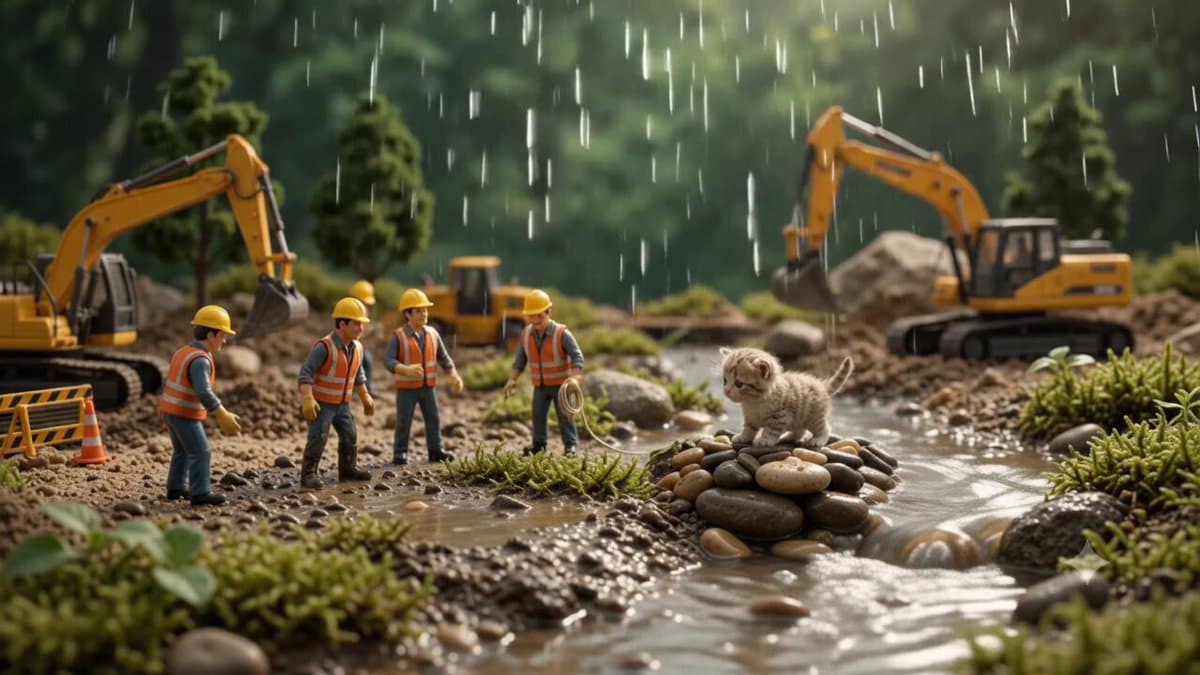 Cinematic miniature rescue scene in a tiny realistic world, several miniature wo