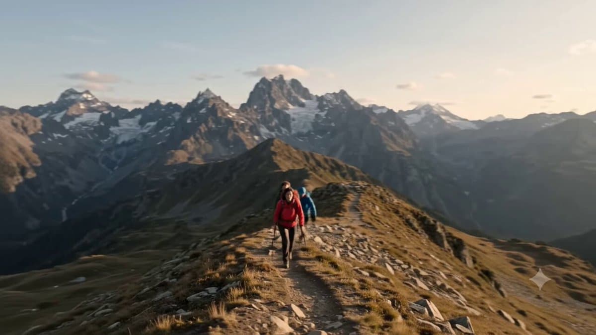 Create a cinematic, ultra-realistic adventure hiking video set on a dramatic hig