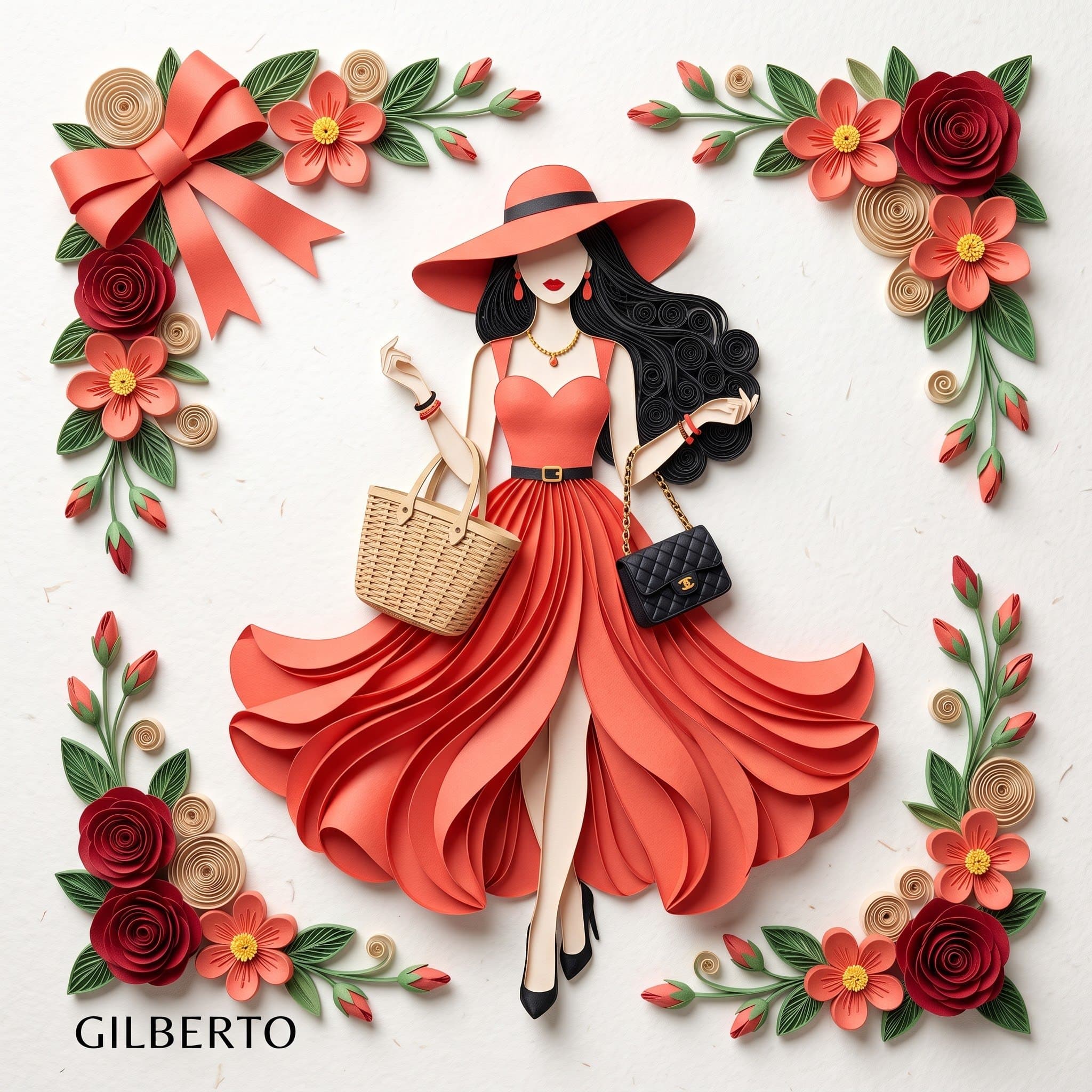 3D paper quilling and layered paper craft art of an elegant fashion illustration