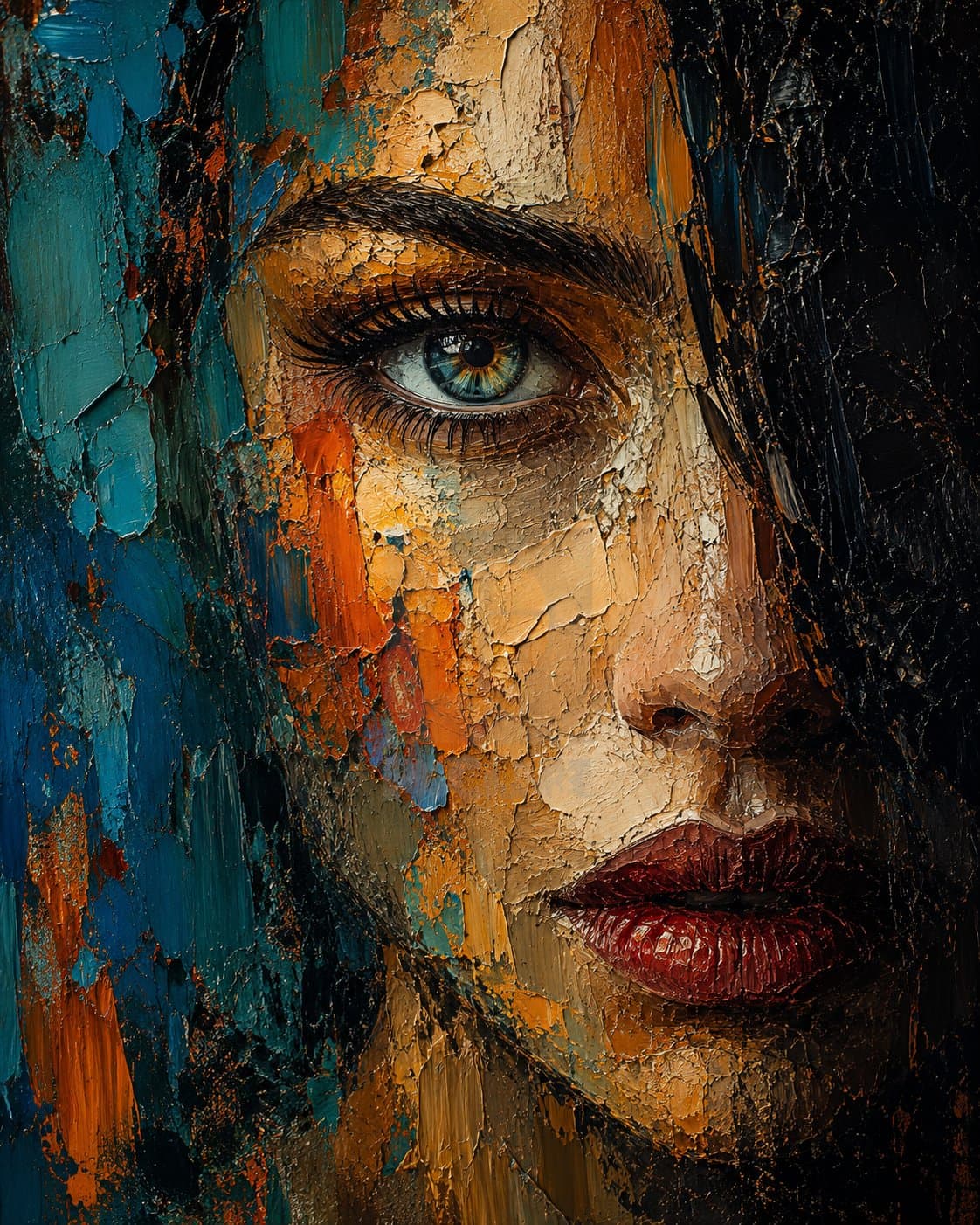 Extreme close-up portrait of a mysterious adult woman, only one side of her face