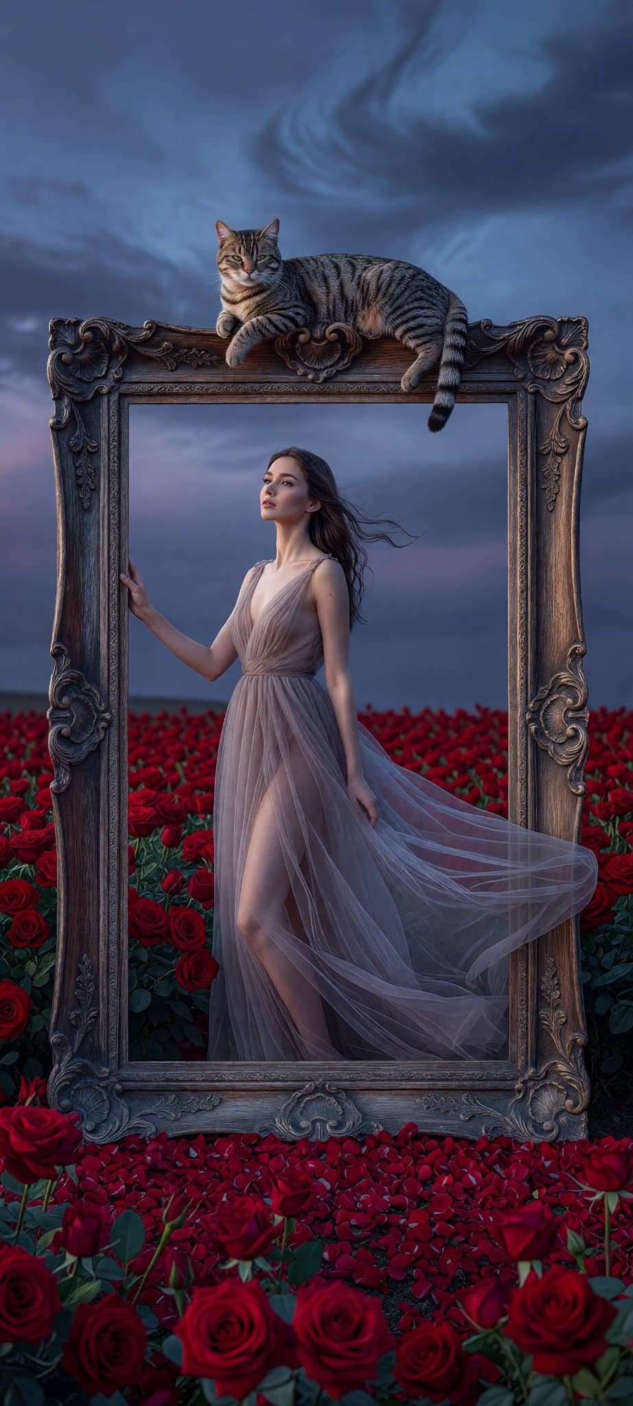 Cinematic surreal fine-art photography of an elegant woman standing within a mas