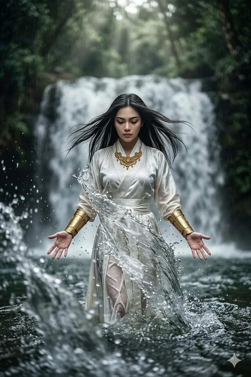 A cinematic portrait of a beautiful Asian woman standing waist-deep in a clear m