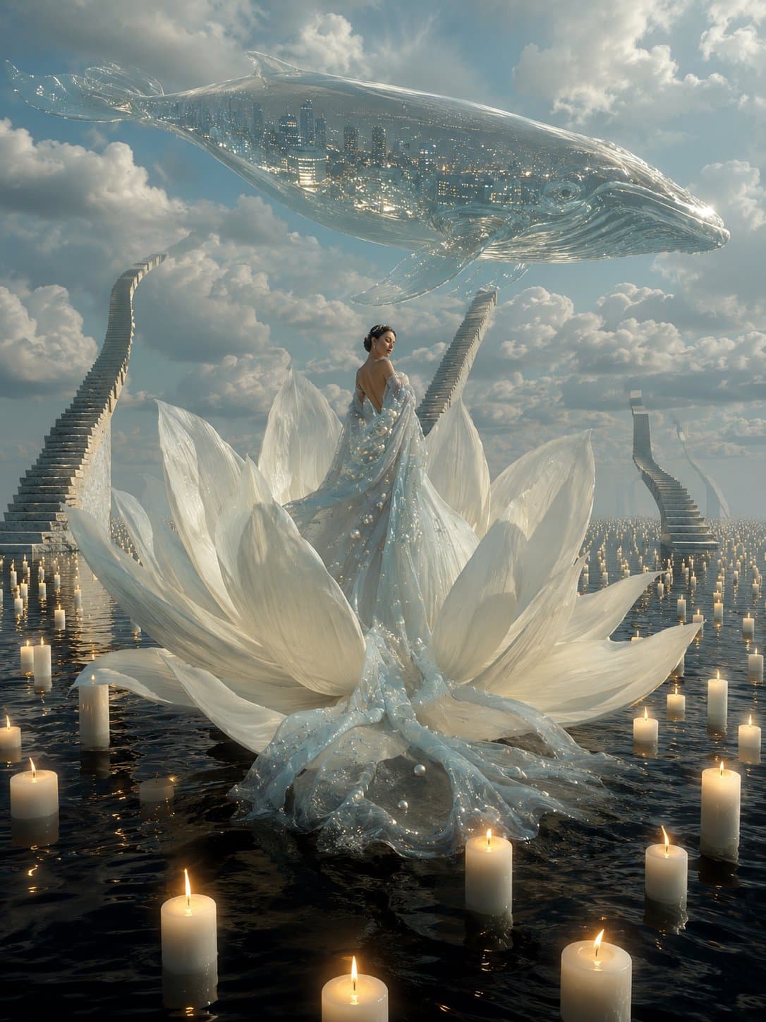 A beautiful woman stands inside the center of an enormous blooming white lotus f