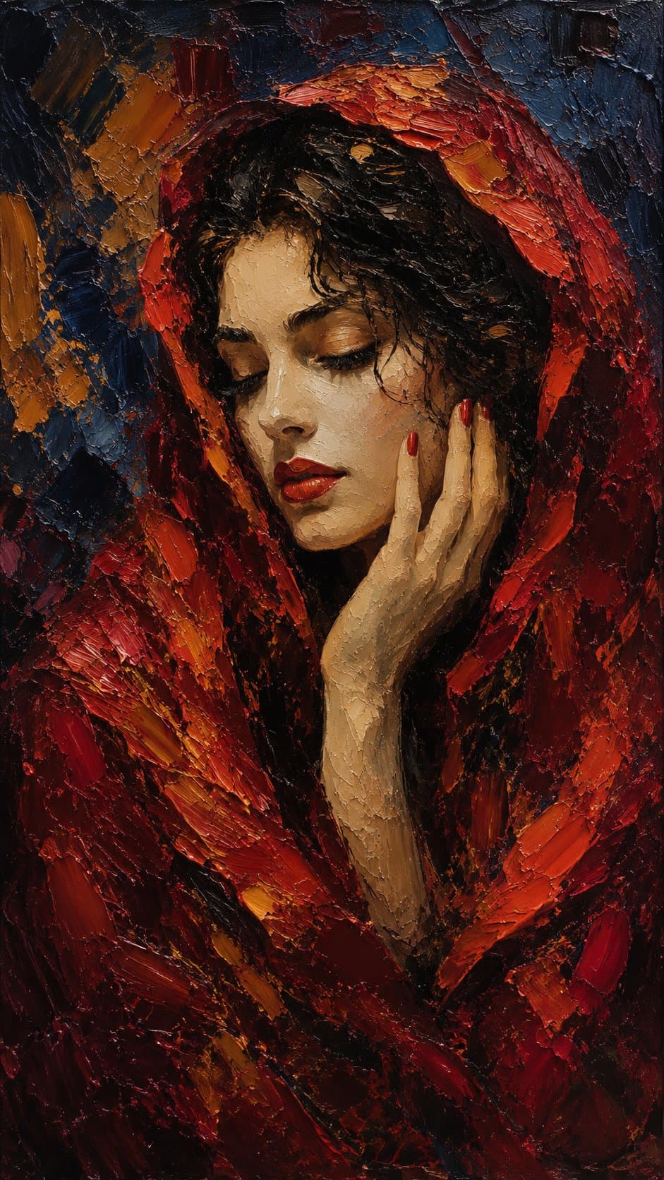 Thick impasto oil painting of a beautiful woman with dark wavy hair, resting her